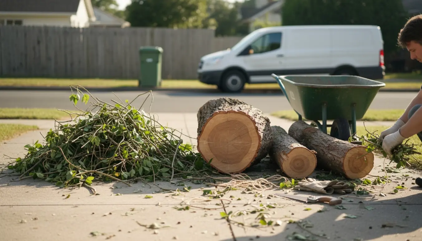 To bunker haveaffald med grene og et træstykke klar til afhentning ved indkørslen.