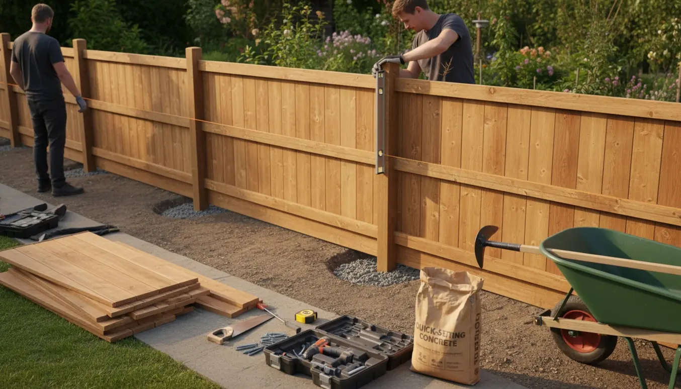 Ny træhegn i baghaven under opsætning med stolper, paneler og værktøj.