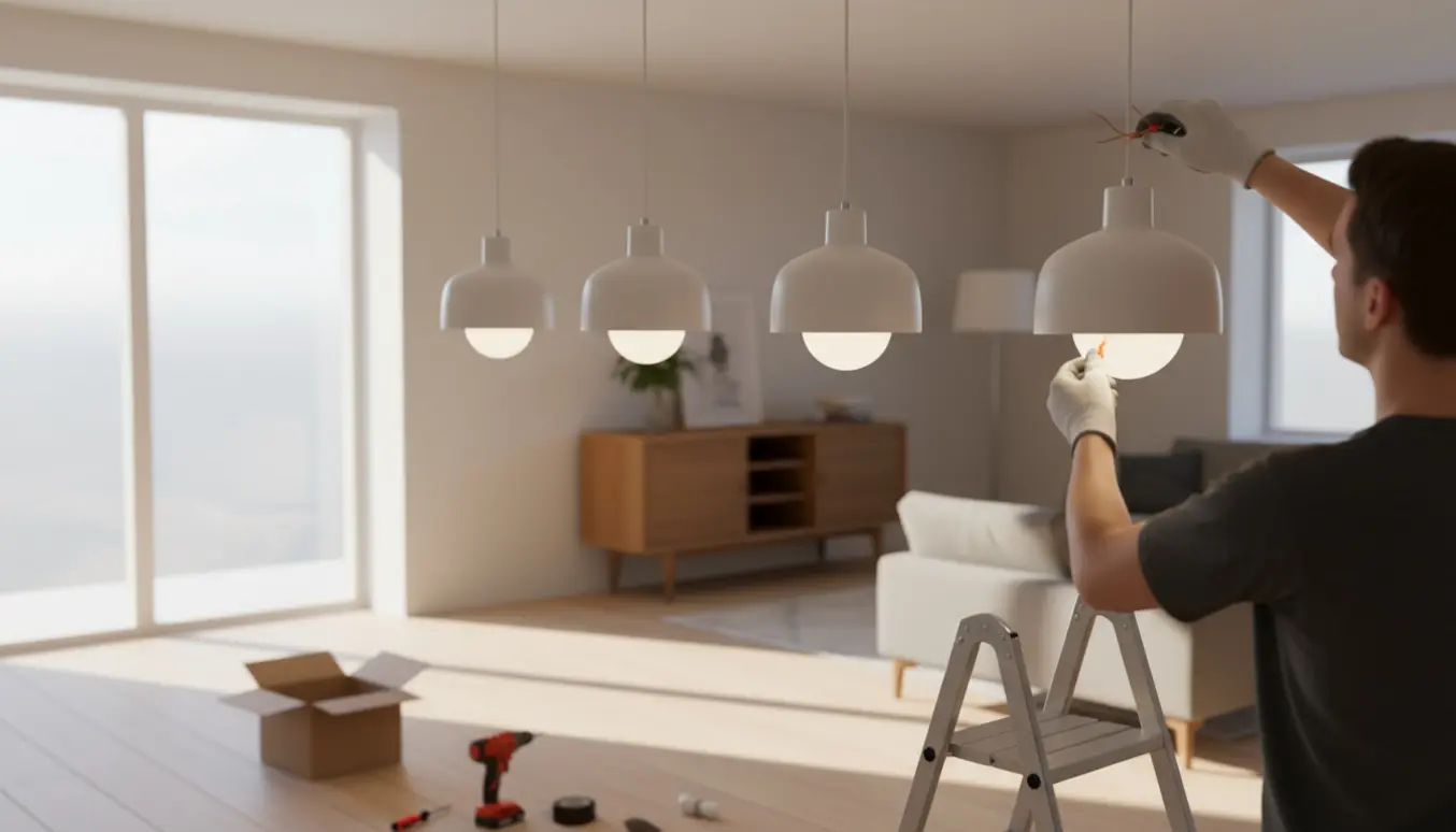 Installering af fire hvide pendellamper i et lyst skandinavisk rum med hænder, der monterer den sidste lampe fra en stige.