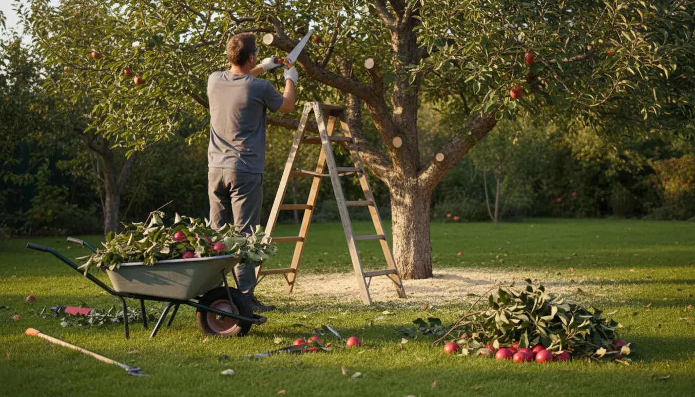 En havehjælper på en stige beskærer et stort æbletræ, mens afskårne grene ligger i en trillebør.