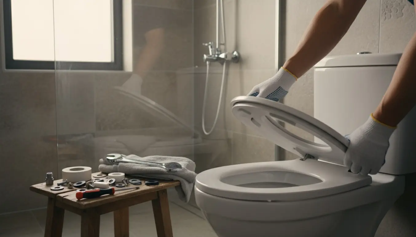 Et lyst badeværelse hvor et nyt hvidt soft-close toiletsæde og et krom brusearmatur bliver monteret.