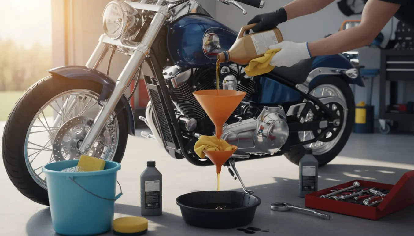 Motorcykel på midterstøtte i solbeskinnet garage, hvor hænder skifter olie og polerer benzintanken.