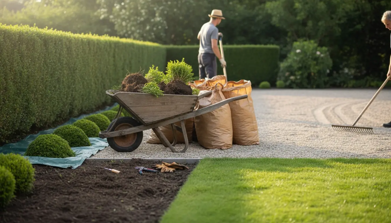 Havearbejde med hækklipning, lugning, opgravning af små hækplanter og udjævning af ærtegrus, uden synlige ansigter.