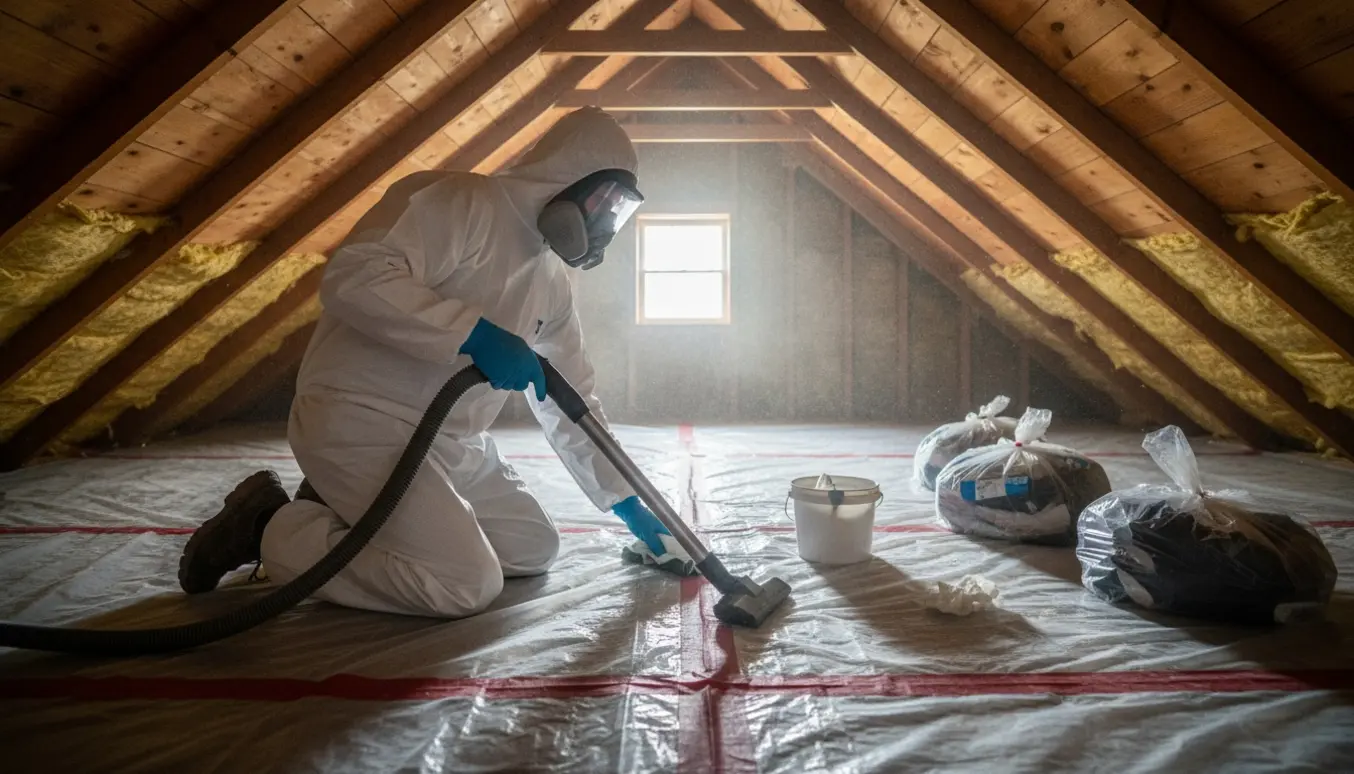 Person i beskyttelsesdragt rengør et lille loftrum for asbeststøv med HEPA-støvsuger og plastikposer.