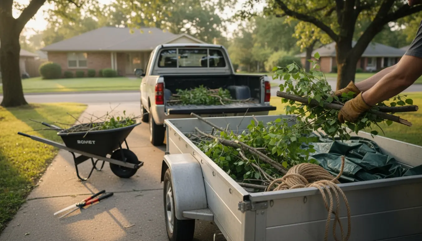 Nyskårne grene og kviste bliver læsset i en åben trailer på en indkørsel.