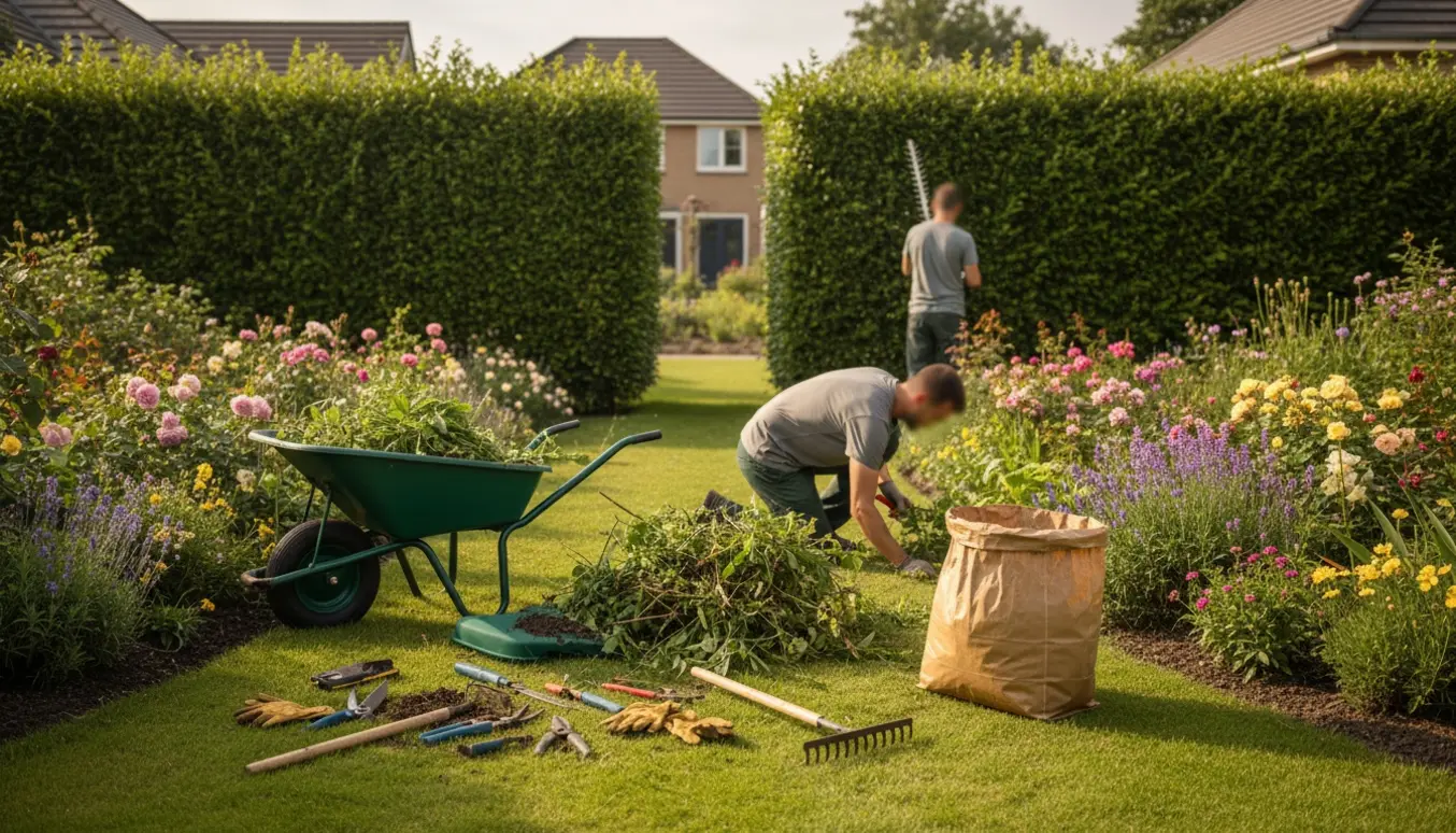 Hæk blir klippet og bede ryddet i en have med haveredskaber og en trillebør fyldt med kviste.