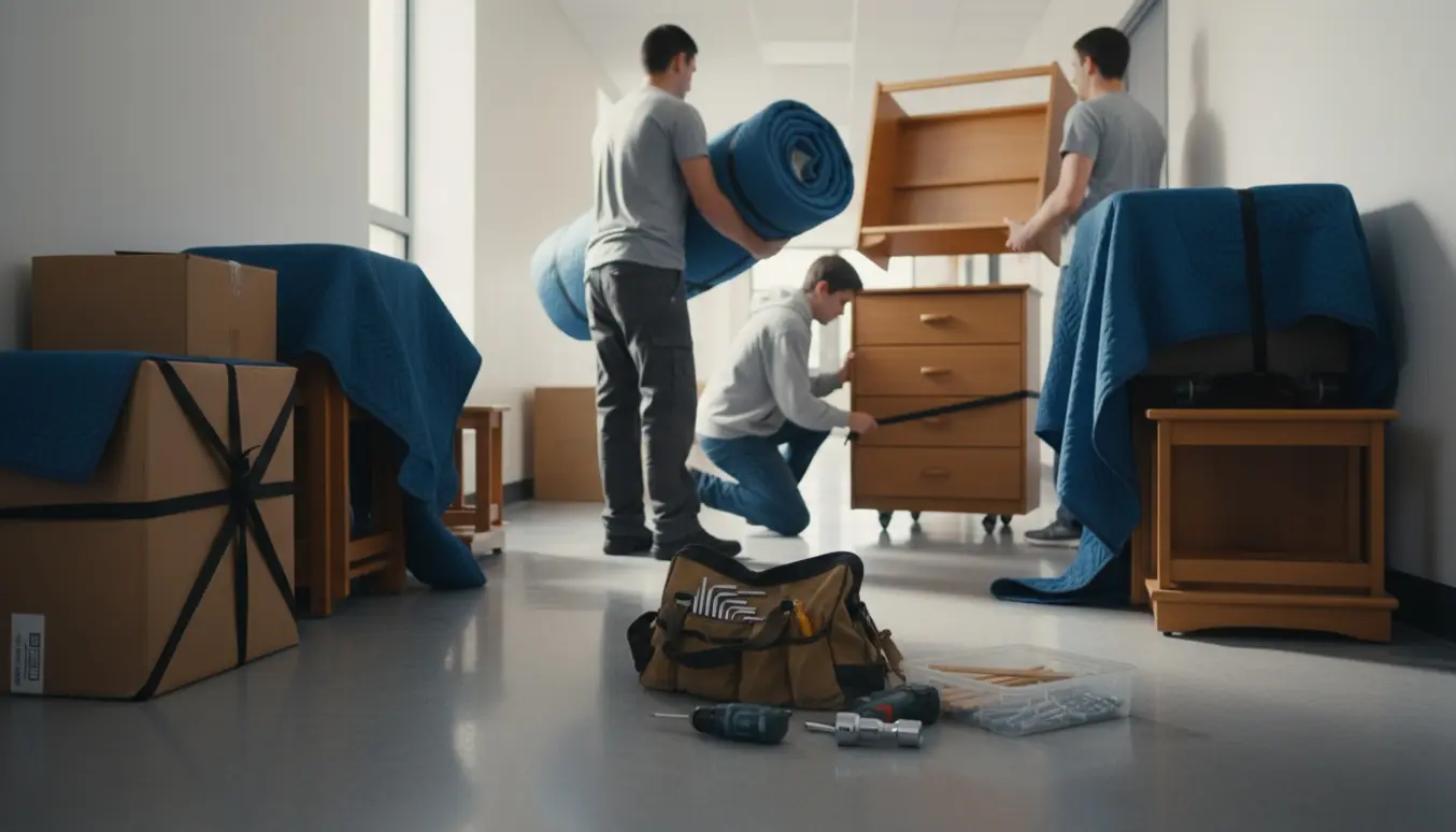 Flyttehjælp i et kollegium med senge, kommoder, borde, flyttetæpper og værktøj i en lys gang.