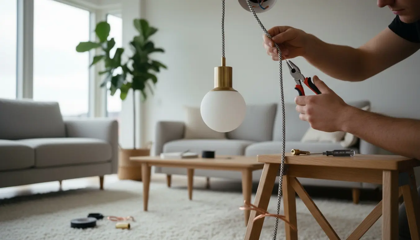 Hænder forkorter en stofledning og monterer en pendel i en moderne stue.