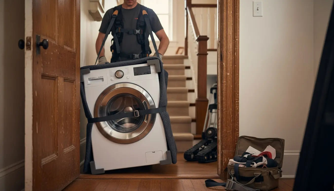 En person bruger bæreseler til at løfte en vaskemaskine gennem en smal døråbning op ad en etage i et hus.