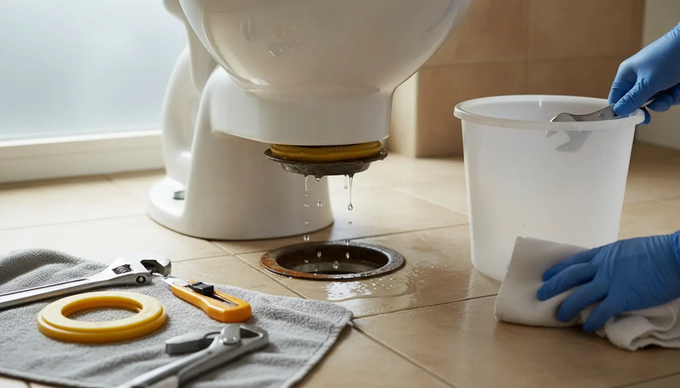 Nærbillede af et gulvmonteret toilet løftet for at udskifte en utæt voksring, med værktøj og vand på fliserne.