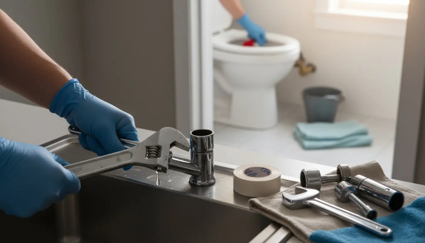 Hænder udskifter en dryppende køkkenvandhane med værktøj, og et åbent toilet med afbryder i baggrunden.