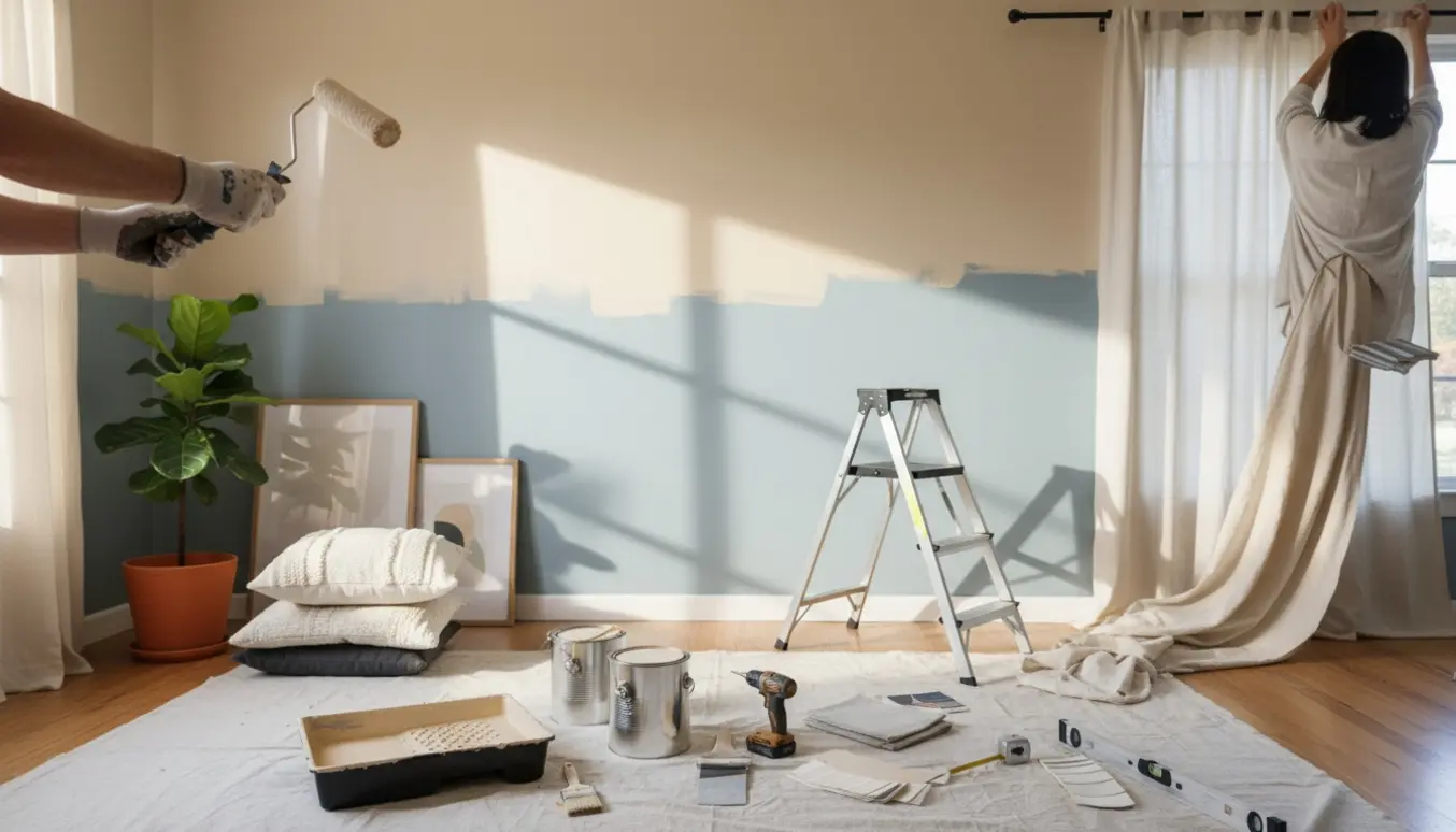 Person maler og hænger gardiner i en stue med stige, værktøj og stofprøver i naturligt lys.