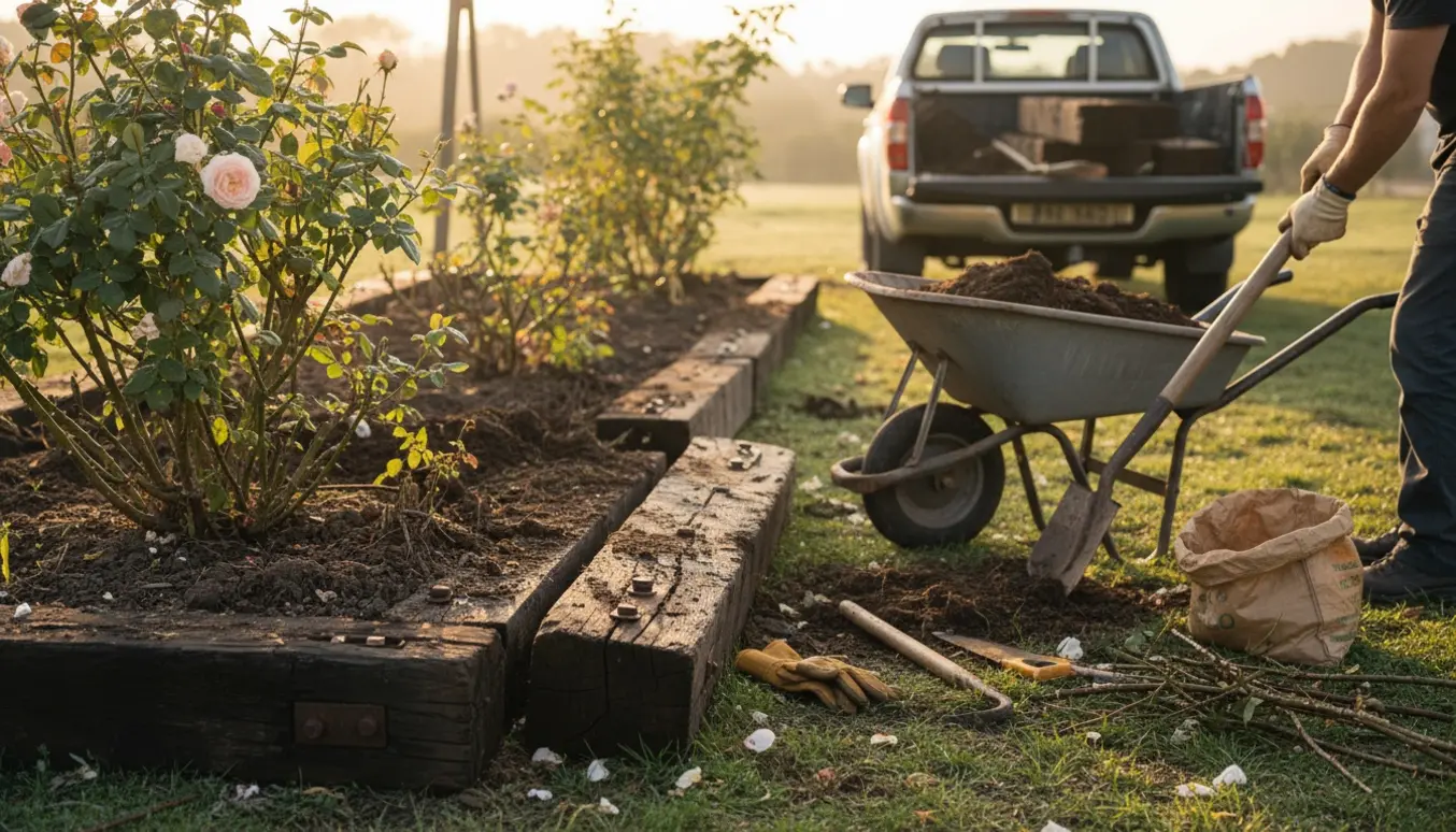 Arbejde med at fjerne gamle jernbanesveller og jord fra et rosenbed, med trillebør og værktøj.