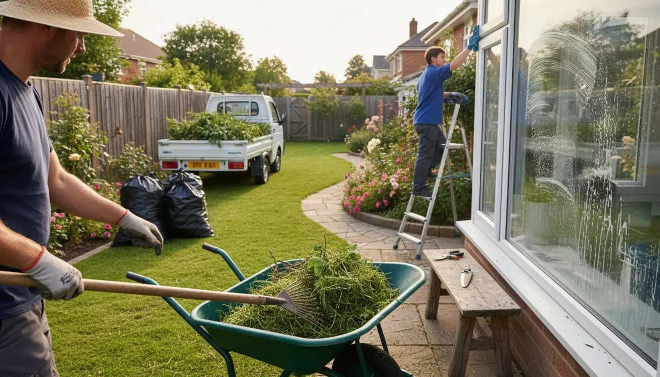 Nyslået have med haveredskaber, trailer med grønt affald og en person der pudser et vindue.