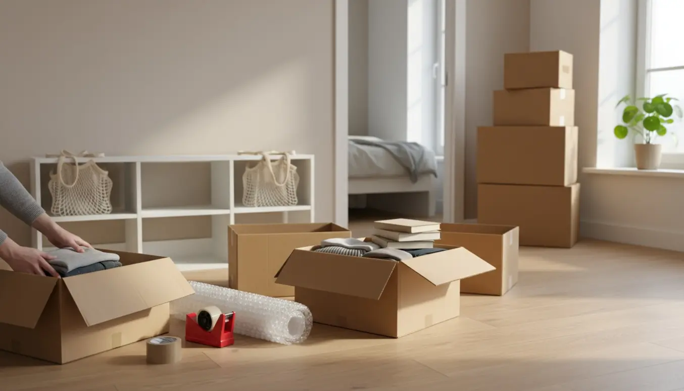 Seks flyttekasser bliver pakket i et lyst hjem, hænder lægger tøj og bøger i en åben kasse med pakkematerialer ved siden af.