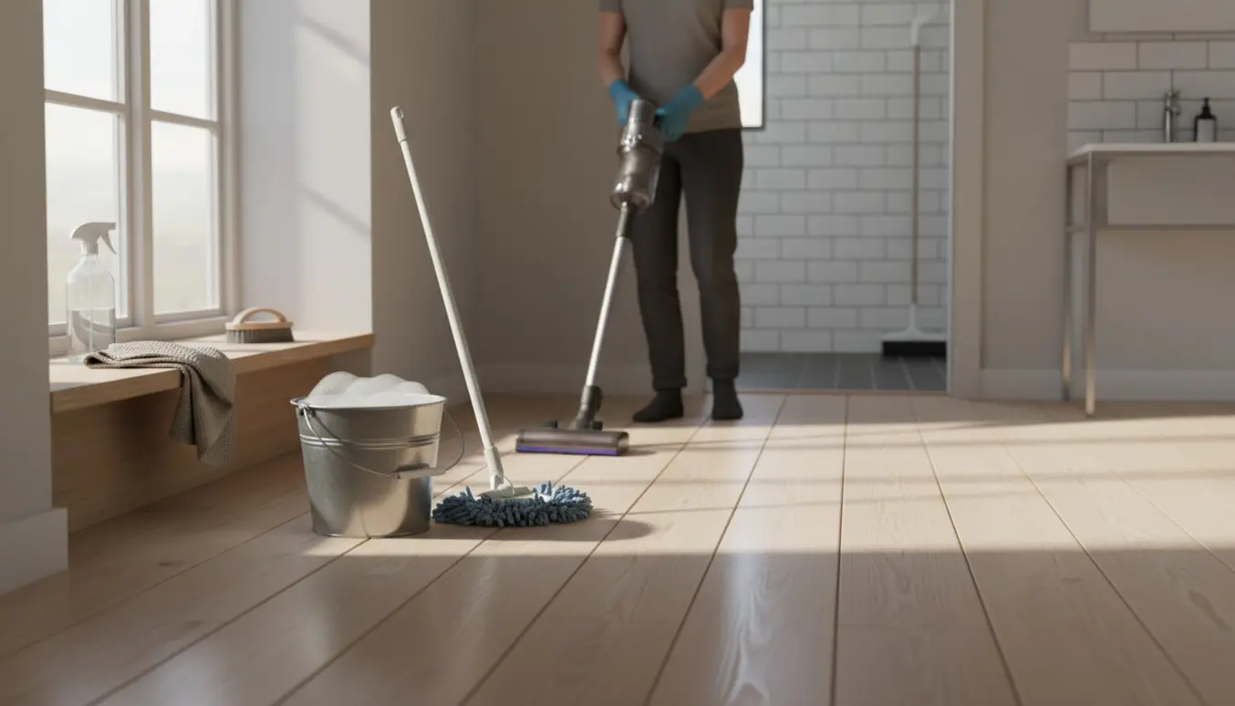 Hænder i gummihandsker mopper og støvsuger et lyst skandinavisk hjem.