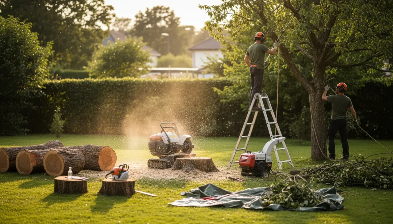 Rodfræsning og fældning af tre træer med beskæring af et fjerde i en villahave.