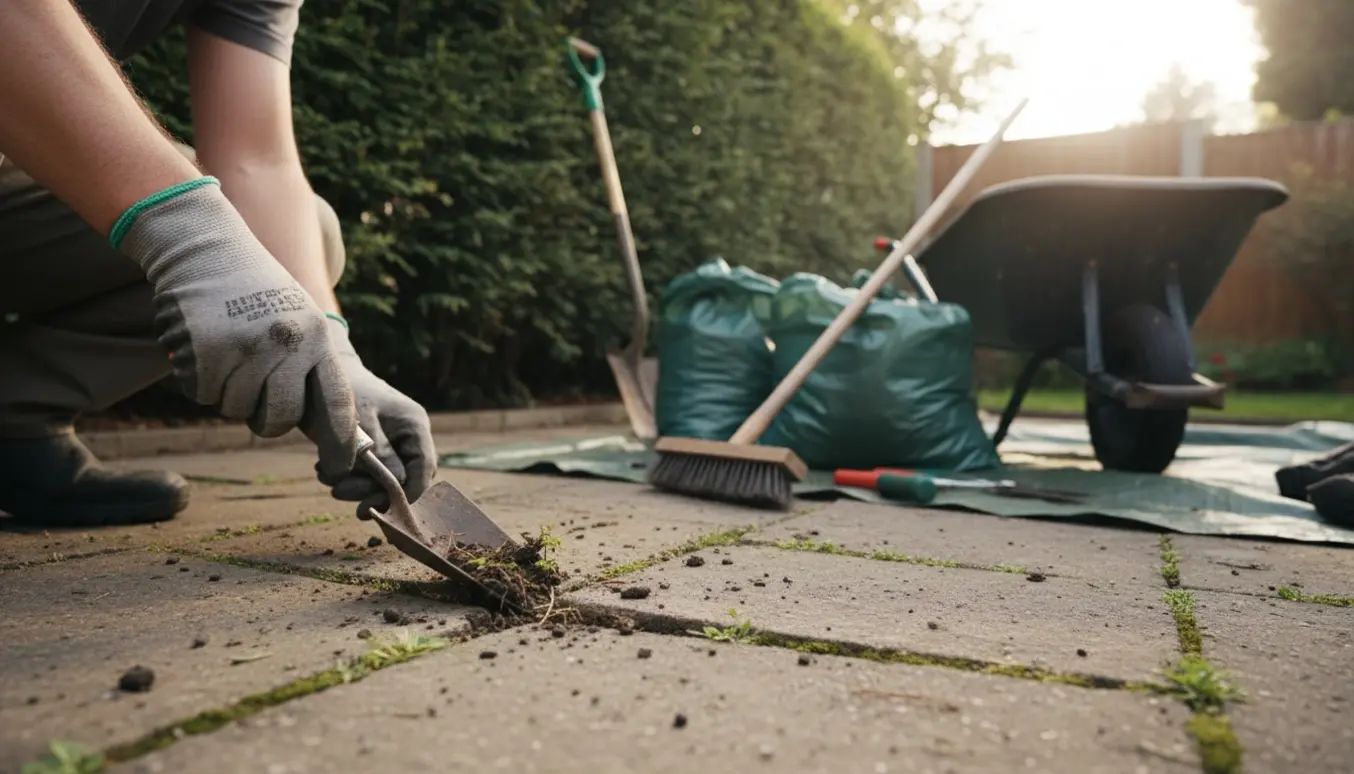 Hænder renser ukrudt mellem fliser med skovl og fyldte haveaffaldssække foran en hæk.