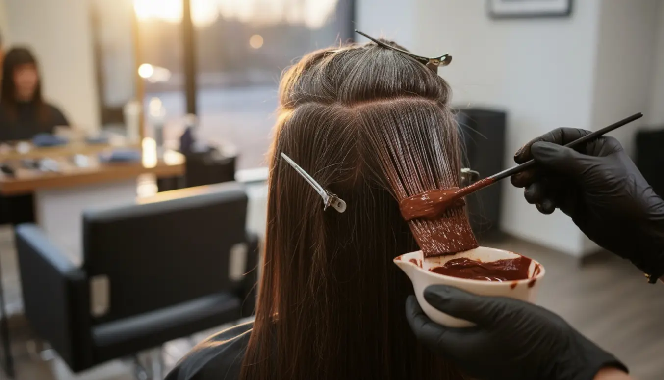 Nærbillede af en frisør, der påfører permanent farve i grå udvoksning ved hårrødderne i en moderne salon.