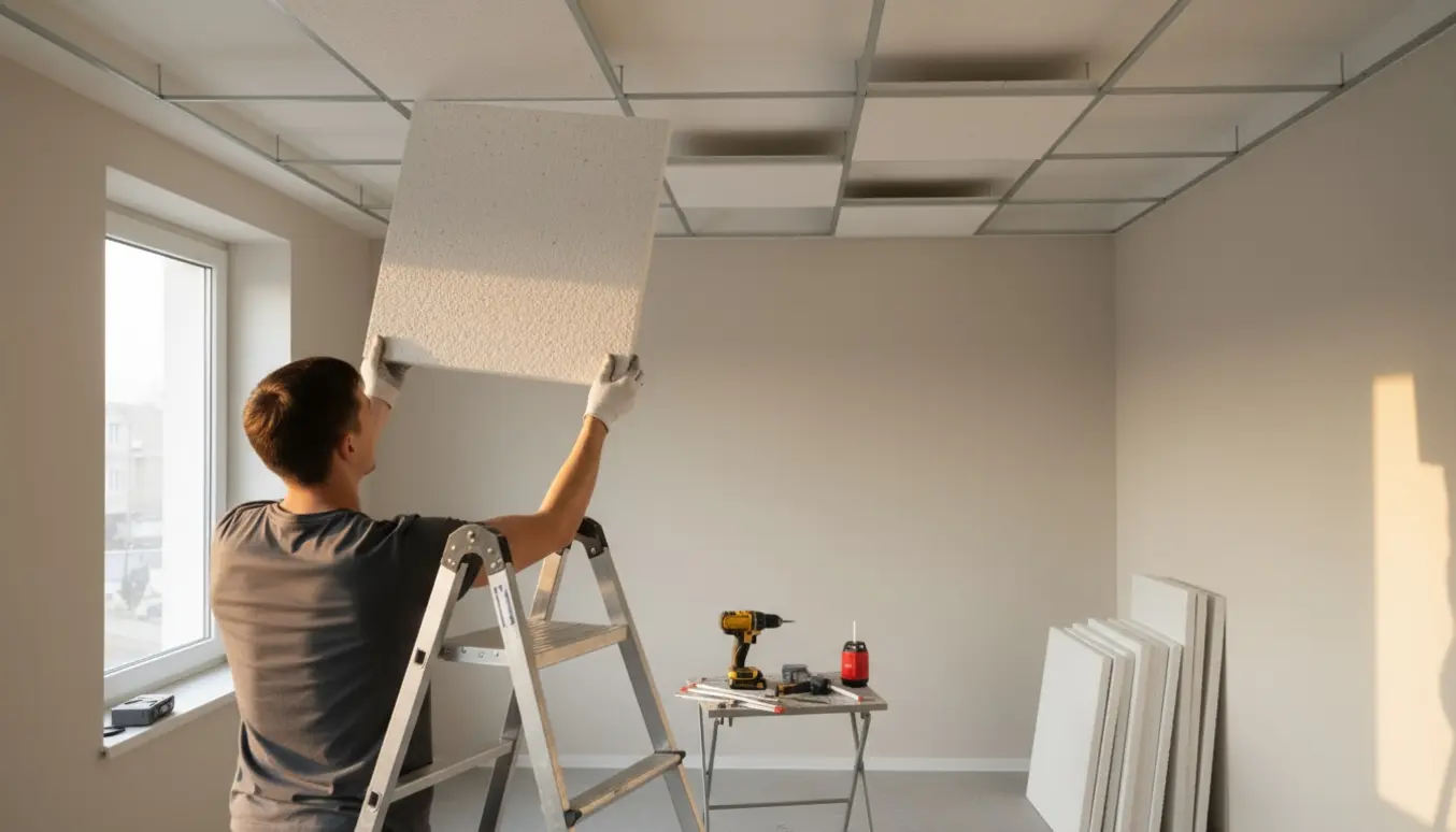 Bagudvendt håndværker monterer hvide akustiske loftsplader i et lille rum på cirka 10 m².