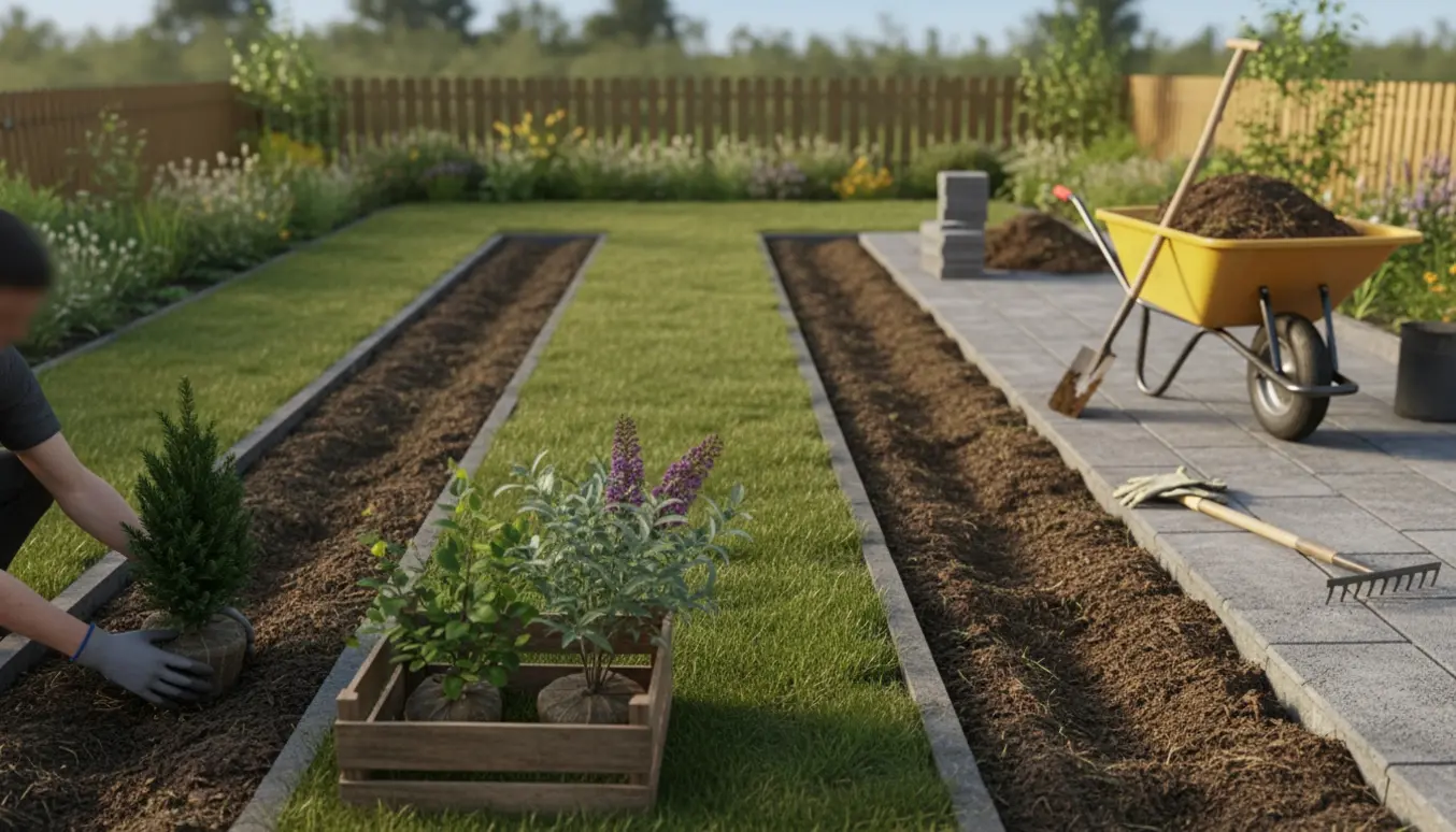 Lille rektangulær have med fire smalle bede, stedsegrønne buske, syrén og sommerfuglebusk ved siden af en ny fliseterrasse og haveredskaber.