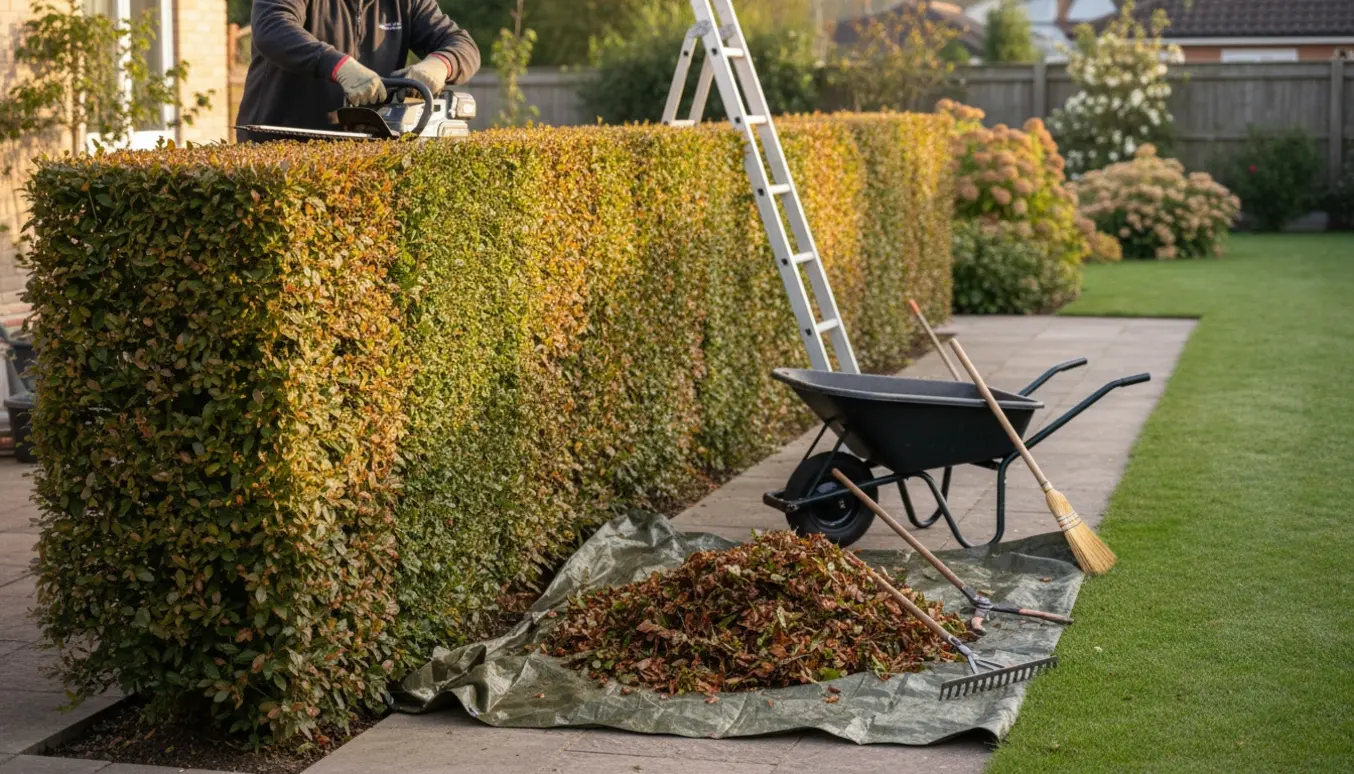 Beskæring af en bøgehæk med hækkeklipper, trillebør med afklip og værktøj i en solrig have.