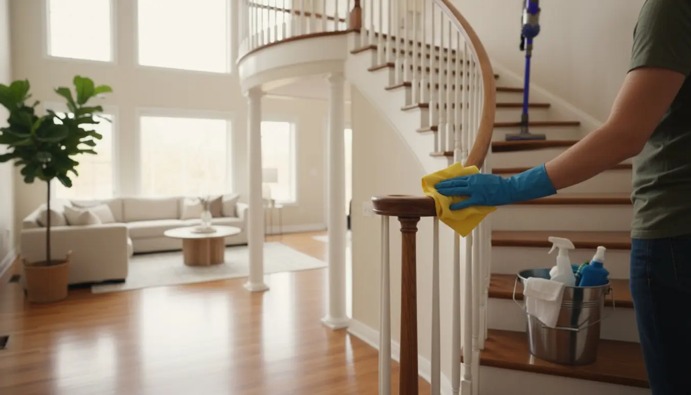 Hænder i gummihandsker pudser gelænder på en lyst og nyrenset trappe i et tre-etagers hjem med rengøringsudstyr på trinene.