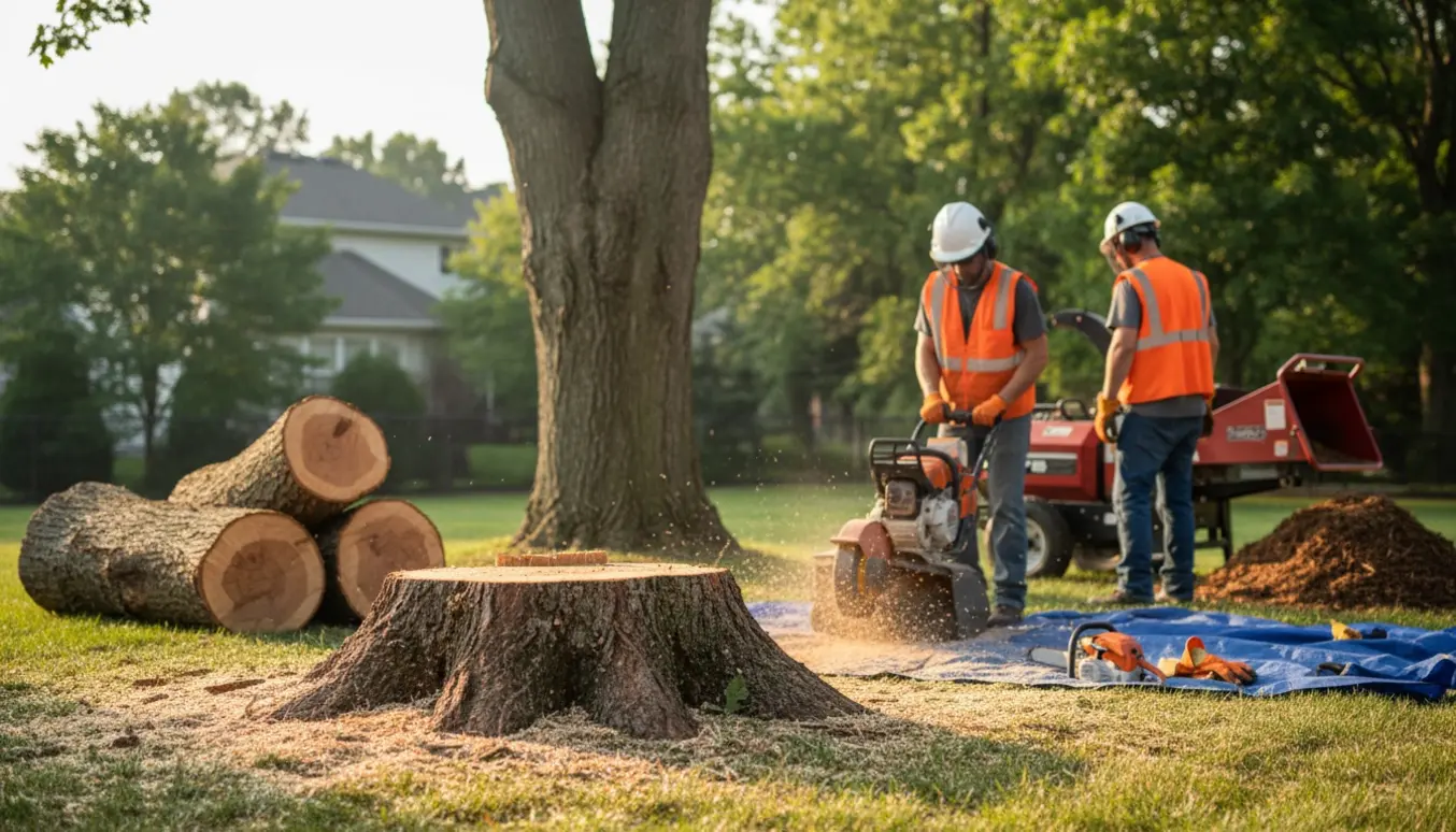 Fældet træ og en frisk stub med motorsav og flishugger i en have, uden synlige ansigter.