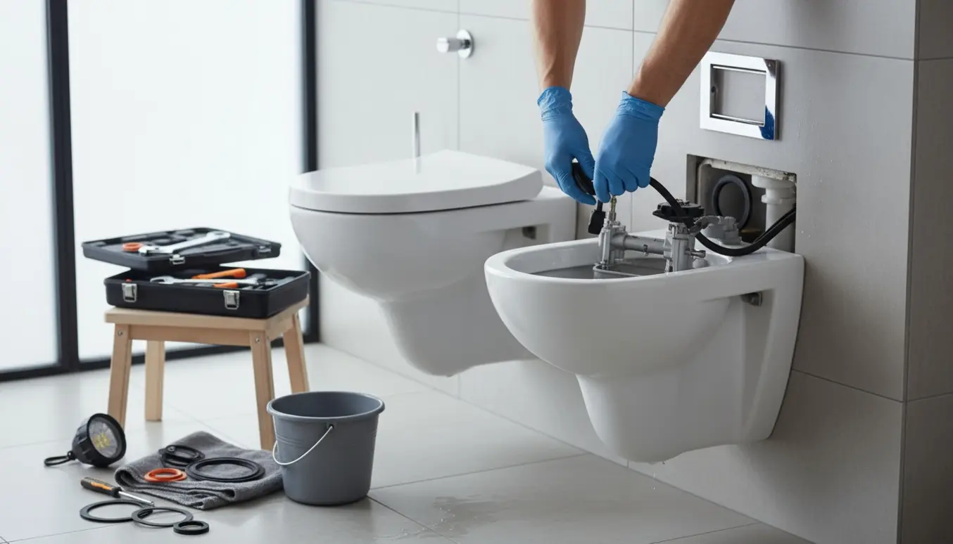 Hænder servicerer et væghængt toilet med fjernet betjeningsplade, værktøj og reservedele på gulvet.