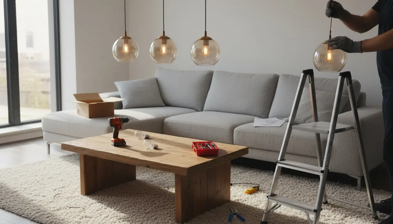 Fire pendellamper installeres i en hyggelig stue, den sidste lampe tilsluttes fra en stige.