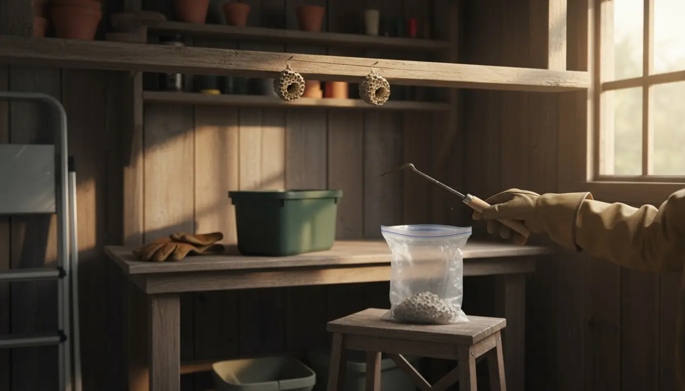 To små vepsebo i et træskur, hvor en person i beskyttelsesudstyr fjerner dem med en langskaftet skraber.