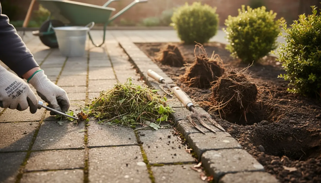 Hænder fjerner ukrudt mellem fliser, mens tre buskes rødder graves op i et bed.