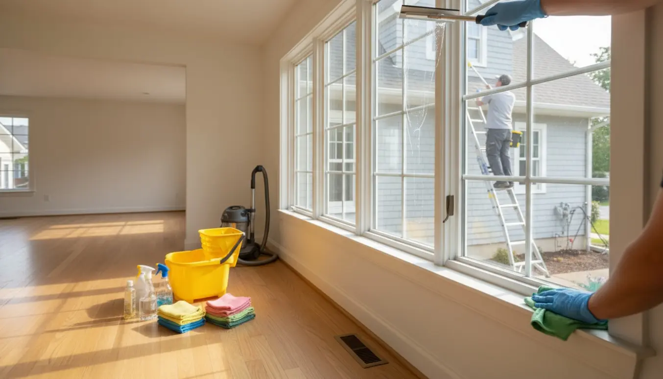 Tom, nyvasket stue i et 1½ plans hus med rengøringsudstyr og fagfolk, der pudser vinduer indvendigt og udvendigt.