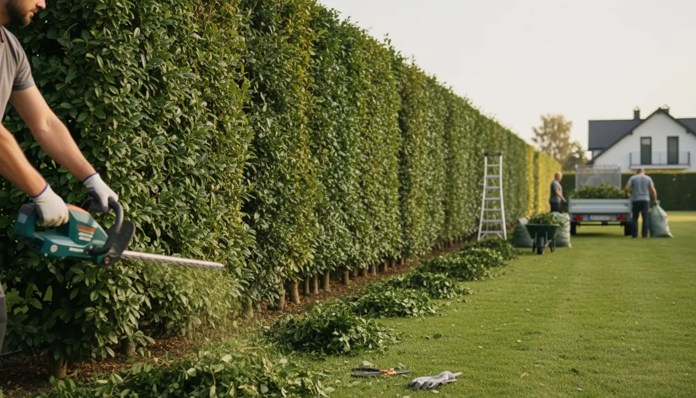 Professionel klipper en lang laurbærhæk, afklip samlet i trillebør og affaldssække.