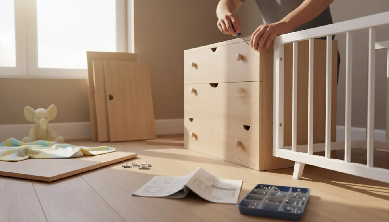 Hænder samler en kommode og en babyseng i et lyst børneværelse med værktøj og trædele.