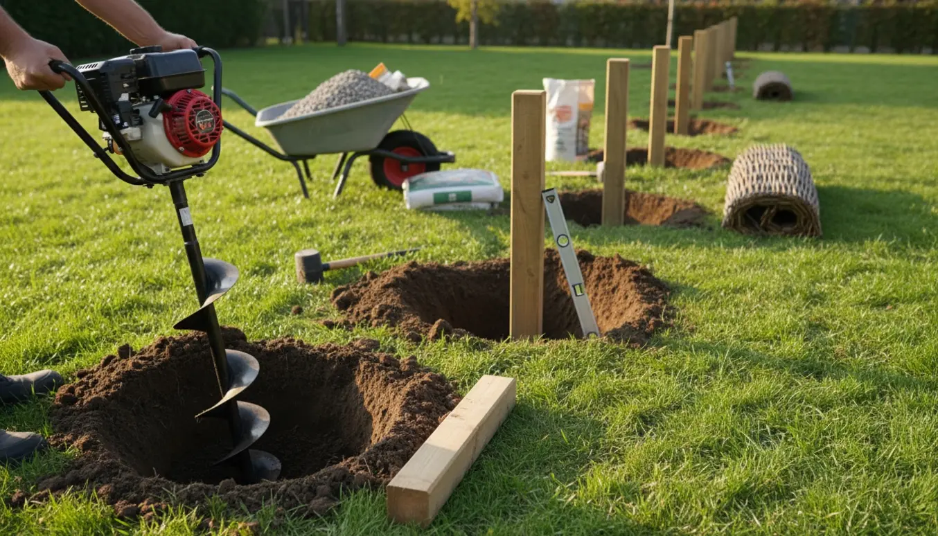 Jordbor og firkantede 70x70 mm stolper ved 90 cm dybe huller klar til opsætning af pileflethegn.