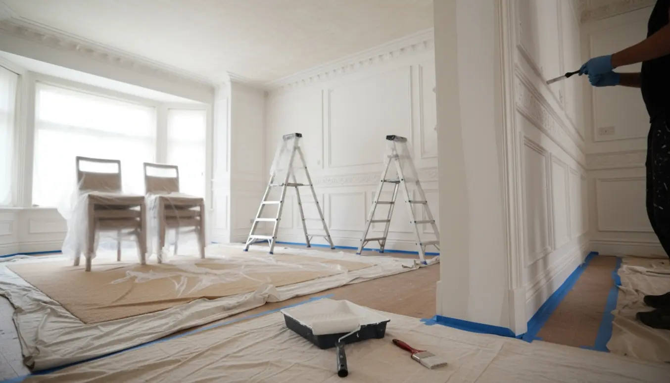 Spisestue hvor vægge, stuk og paneler males hvide, med afdækning og værktøj synligt.