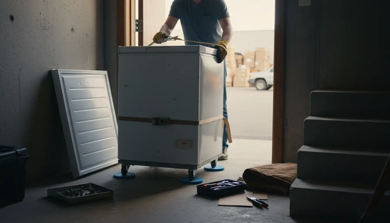 Kummefryser på flyttedolly i kældergang ved en smal trappe med afmonteret låg og værktøj klar til transport til genbrugsplads.