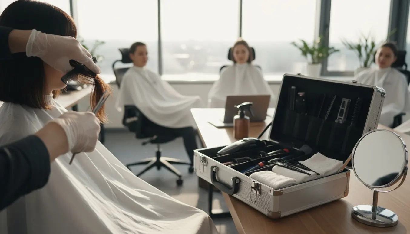 En mobil frisør klipper hår i et lyst kontormiljø med kappen og værktøj i fokus.