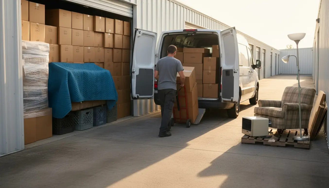 Flyttescene ved en selfstorage-enhed med en mand, kasser, varevogn og en bunke genbrugsting.