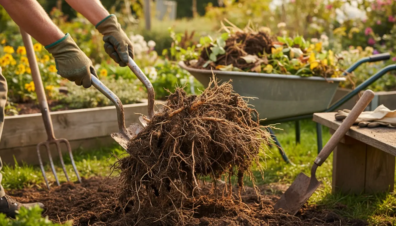 Tæt billede af gravning af bunddække med spade og greb, der løfter et tæt rodnet.