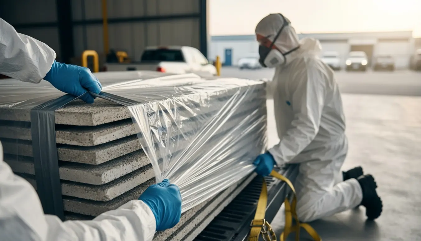 Stabel eternitplader pakkes ind i kraftig plast og sikres til afhentning af en arbejder med værnemidler set bagfra.
