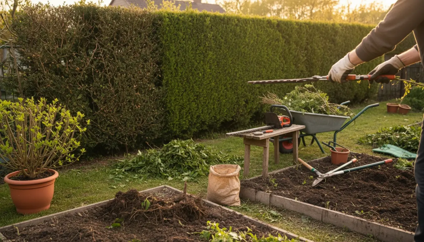 Havearbejde med en person, der trimmer hæk, beskærer buske og renser bede.