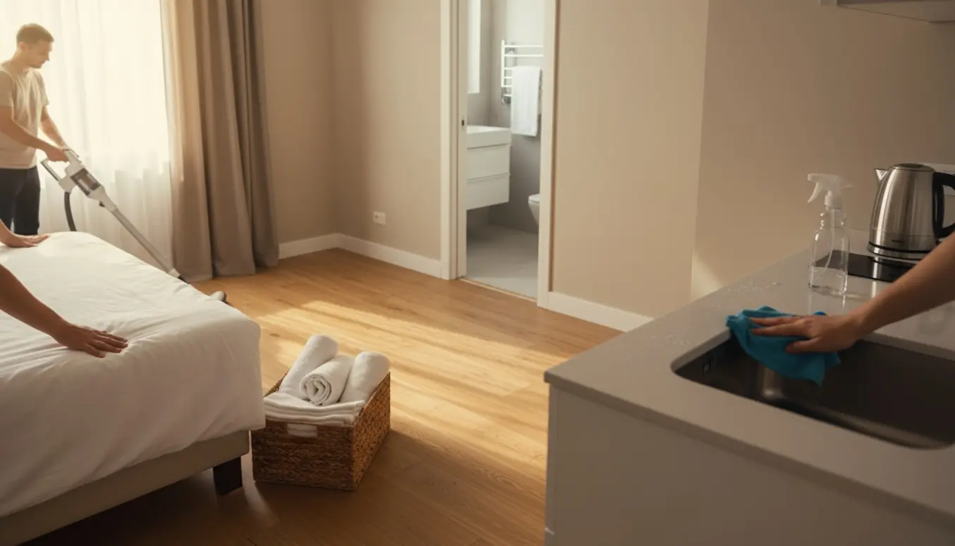 Et Airbnb-værelse under rengøring med nybeddede lagner, foldede håndklæder og en støvsuger i brug.