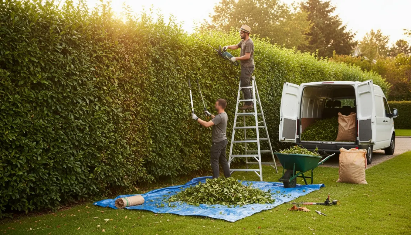 Person klipper en havehæk, mens afklip samles i trillebør til bortkørsel.