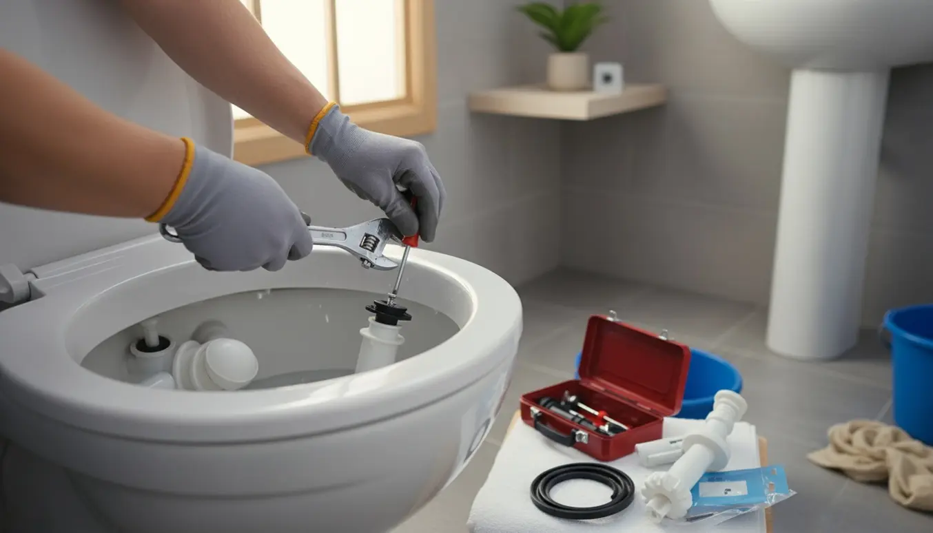 Nærbillede af hænder, der reparerer en åben toiletcistern med værktøj og reservedele i et lyst badeværelse.