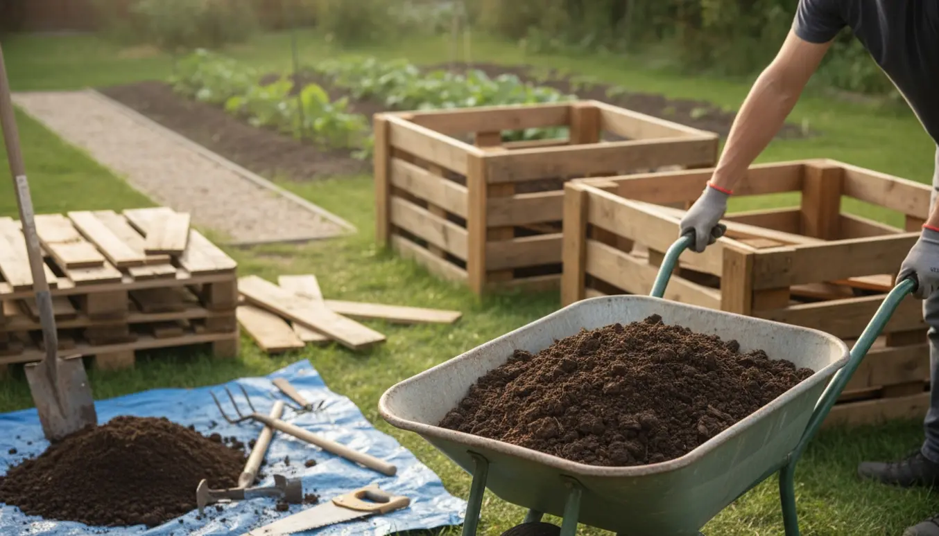 Tre pallerammede plantekasser nedbrydes, og mørk jord læsses i en trillebør i en baghave.