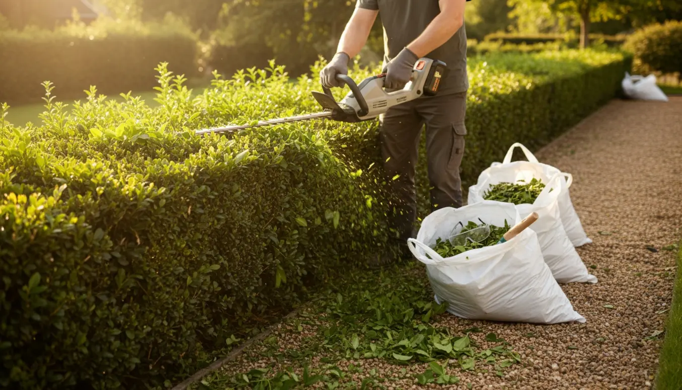 Batteridrevet hækkeklipper skærer en hæk med plastsække fyldt med hækafklip ved en havegang.