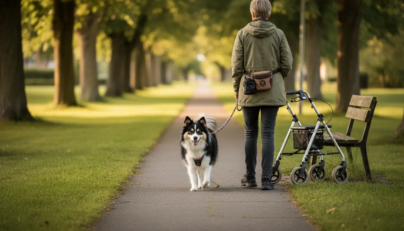 En person går tur med en ældre Finsk Lapphund på en solfyldt parksti, med en rollator ved en bænk.