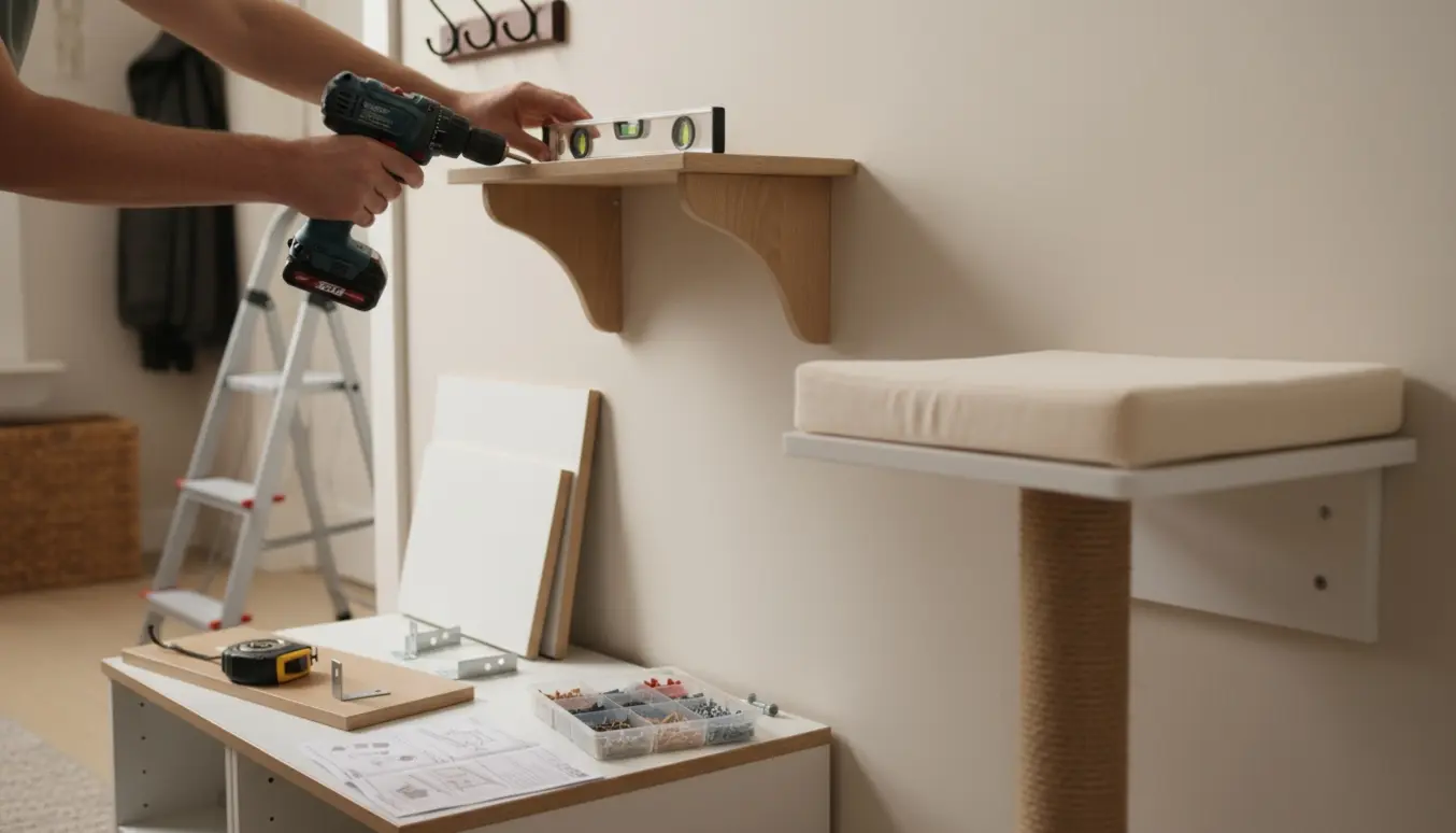 Montering af væghængt reol, knage og kattehylde med værktøj i en entré.